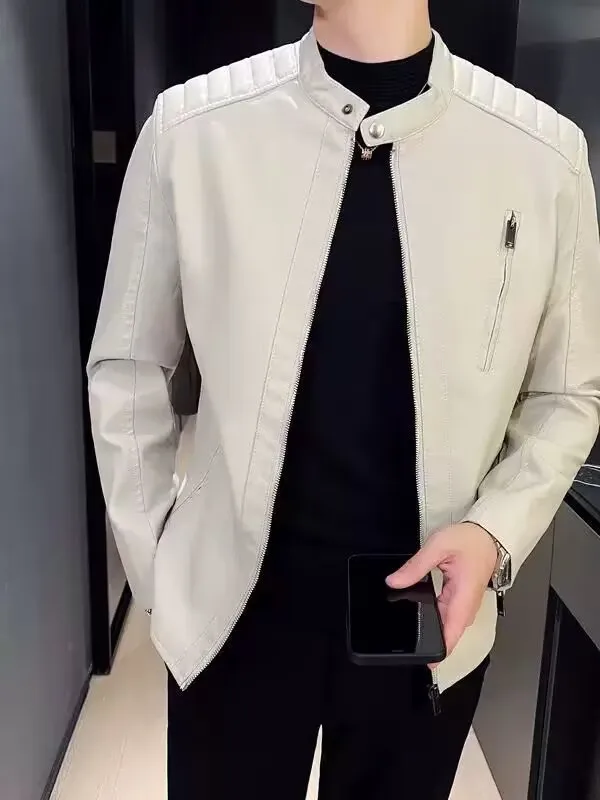 2025 nuevo abrigo con cuello levantado para hombre, chaqueta de piel sintética, otoño, motocicleta, ajustado, moda, prendas de vestir de cuero PU, abrigo, ropa para hombre 5XL-M