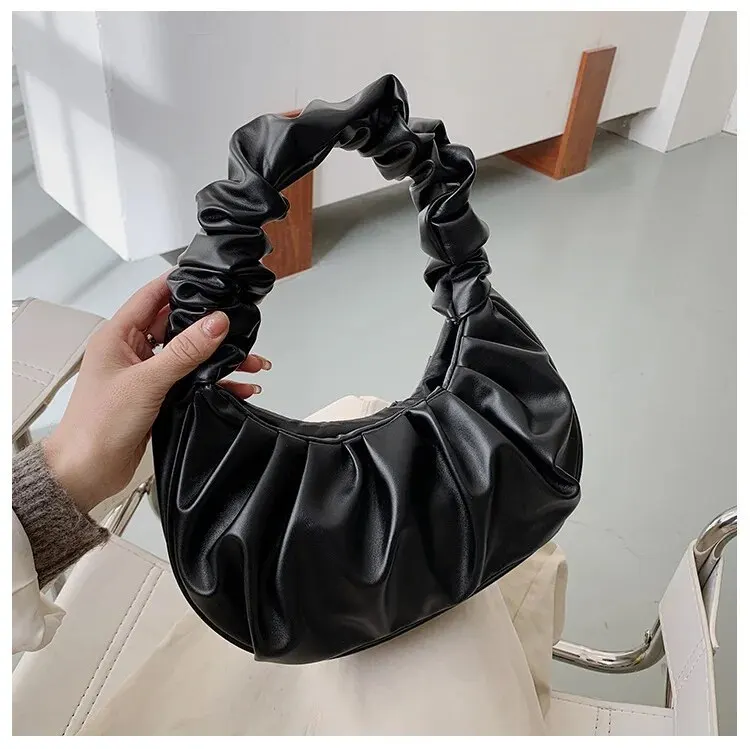 Bolsa plissada PU para mulheres, bolsas de mão femininas, axilas casuais, bolsas de axilas, cor sólida, nova