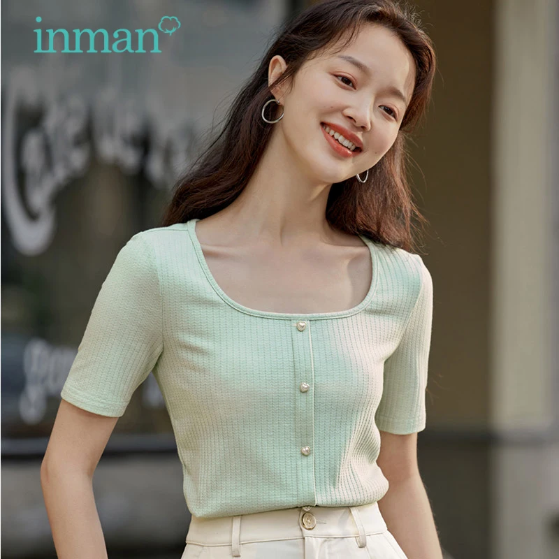 INMAN Summer Women's T-shirt Casual Short Sleeve Woman Clothes Versatile Top Women Square Collar Office Lady Elegant Pullover