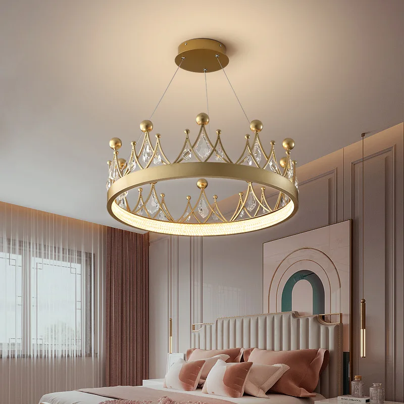 

Nordic Bedroom Living Room Crown Crystal Chandelier Modern Simple Light Luxury Princess Girls Children Room Lamp