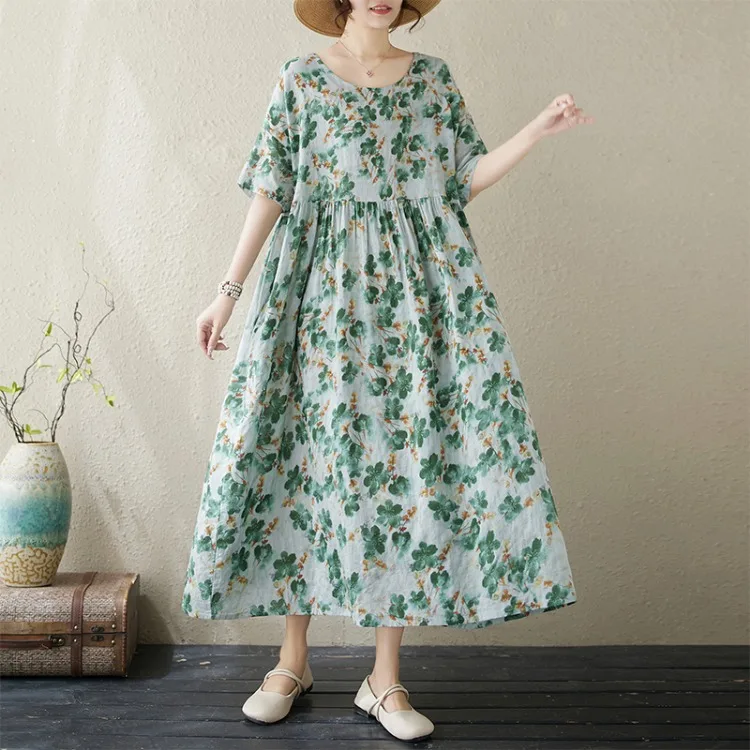 Plus Size Bohemian Print Maxi Long Dress for Women Floral Casual Cotton Linen Loose Vintage Vestidos Para Mujer Robe Dresses