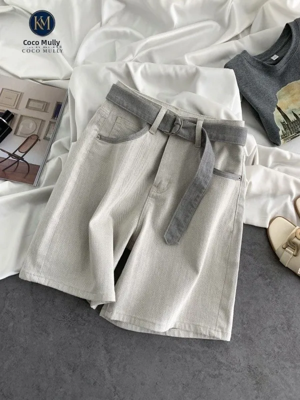 

Gray White High Waist Casual Wide Leg Five-Point Jeans Women's Loose Fashionable Mid-Length Trendy Summer New Arrival