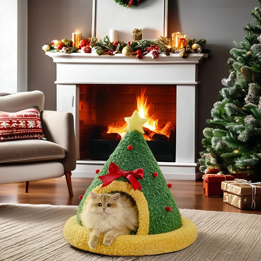 

Modern Christmas Cat Nest Winter Warm Plush Pet Bed with Semi-Closed Kennel Floral Pattern Breathable Floral