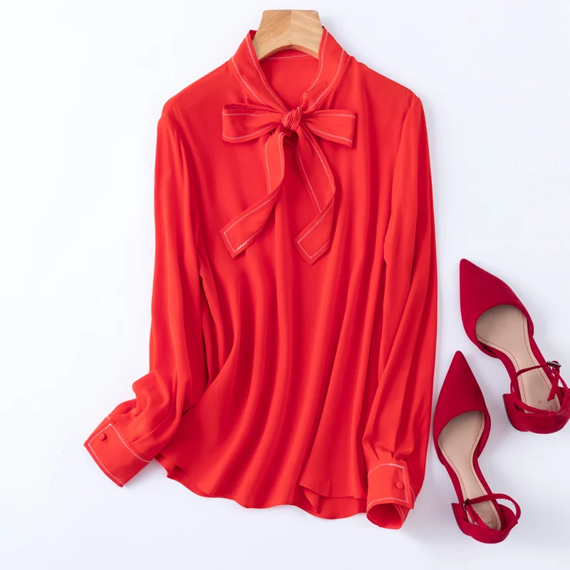 Small Heavyweight 100% Natural Mulberry Silk Double Crepe Orange Red Ribbon Long Sleeved Bow Commuting Women\'s Fashionable Shirt