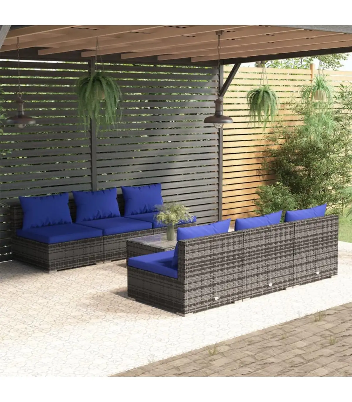 Garden sets garden furniture Set 7 PCs and cushions gray synthetic rattan