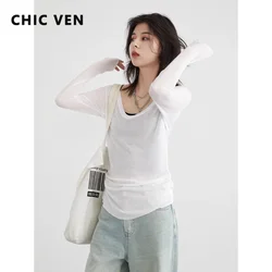 CHIC VEN Women T-Shirts Solid White U Neck Lightweight Long Sleeved T-shirt Sunscreen Female Top Loose Casual Summer 2024