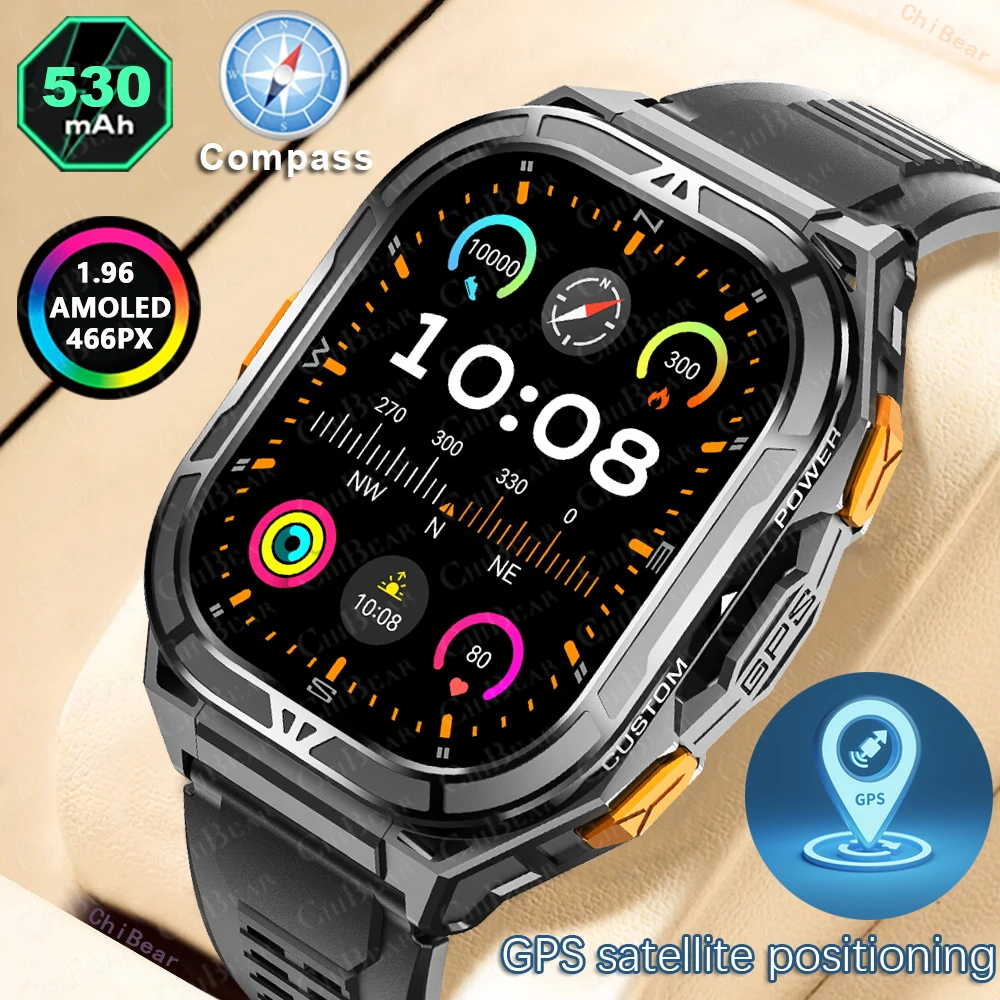 

GPS наружные спортивные смарт-часы мужчины 1,96 дюйма 466*466 AMOLED HD экран 530MAH батарея Bluetooth звонок IP68 водонепроницаемый Smartwatch