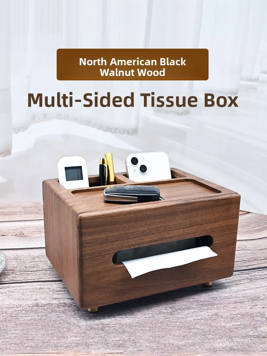 

New Chinese Sle Walnut Wood Tissue Box Home Living Room Multi-Function Remote Control Storage Box High-End Retro Wood...