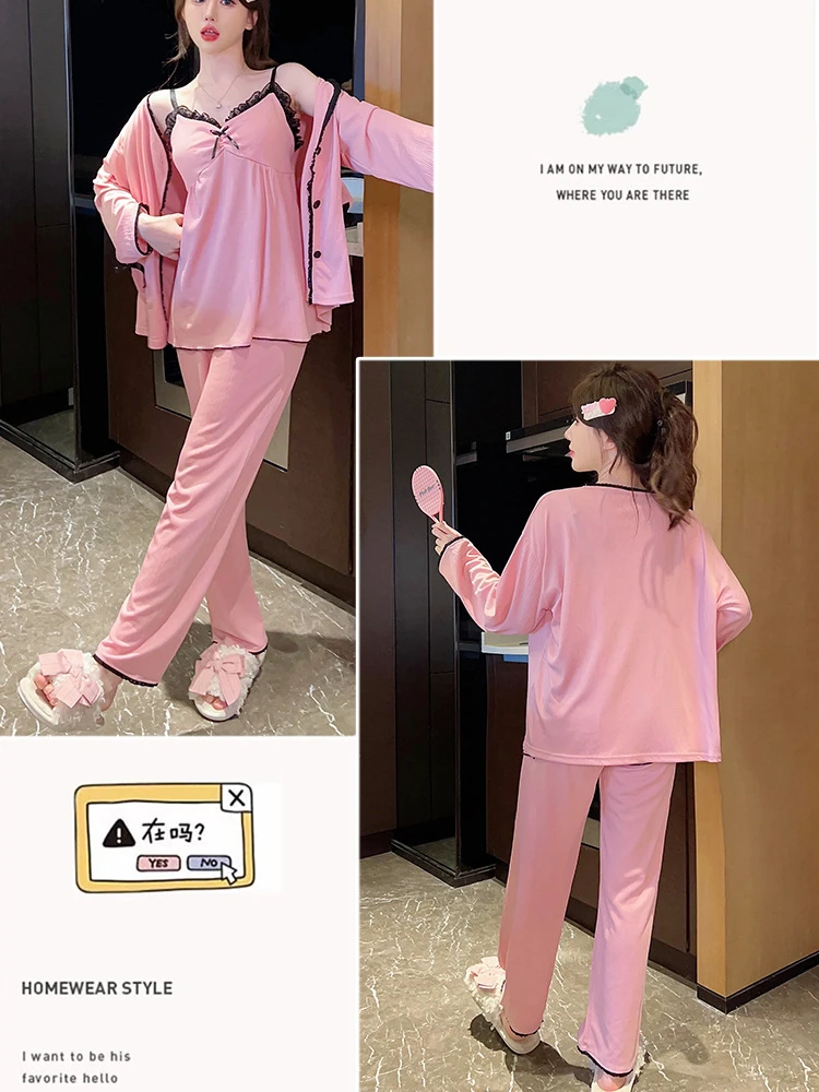 M-5XL Plus Size Women Pajamas Korean Students 3 Piece Set Sleepwear Solid Bra Free Camisole Cardigan Pants Homewear Loungewear