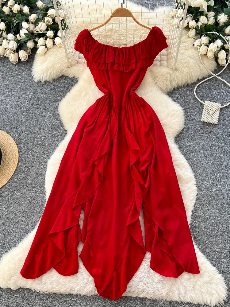 Czerwona szyfonowa sukienka na jedno ramię, damska, wiosna 2026, czysta pożądanie, asymetryczna, z podkreśloną talią, długa spódnica, koreański styl, wysoki stan.