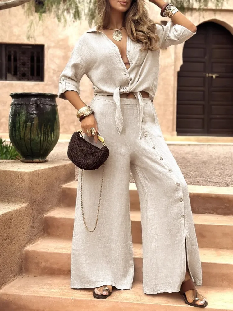 Women Pant Set Turn Down Collar Full Sleeve Shirt Lace Up Wide Leg Long Pants Two Piece Sets Split Elastic Waist Y2k Streetwear