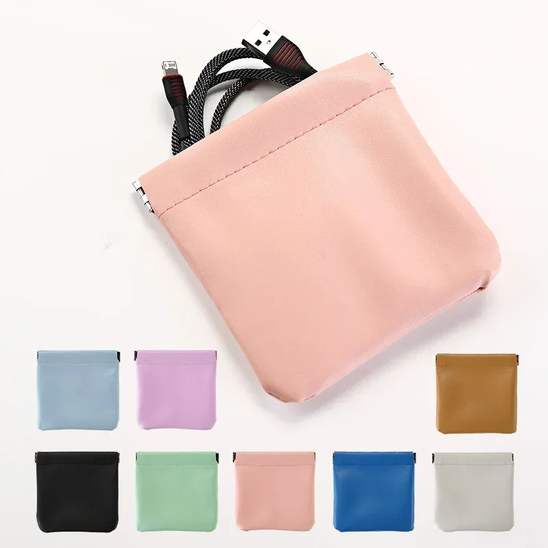 1Pc Elastic Sheet Automatic Closing PU Storage Bag Women Purse Portable Lipstick Cosmetics Change Earphone Data Cable Organizer