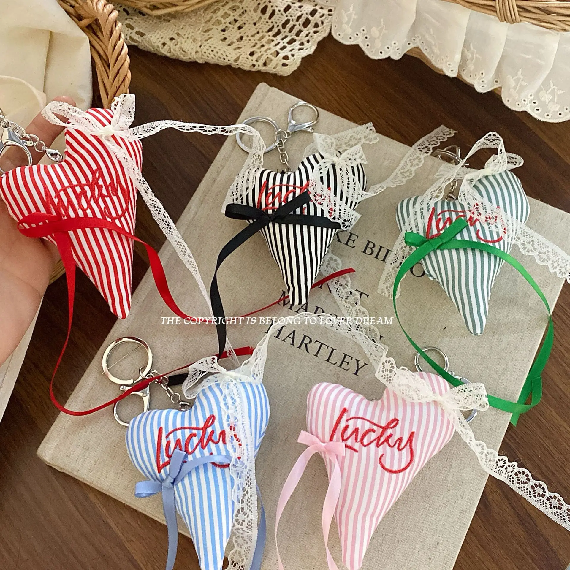 Colorful Ribbon Lace Bow Heart Keychain with Lobster Clasp for Bags Sweet Cute Korean Style Lightweight Non Slip Daily