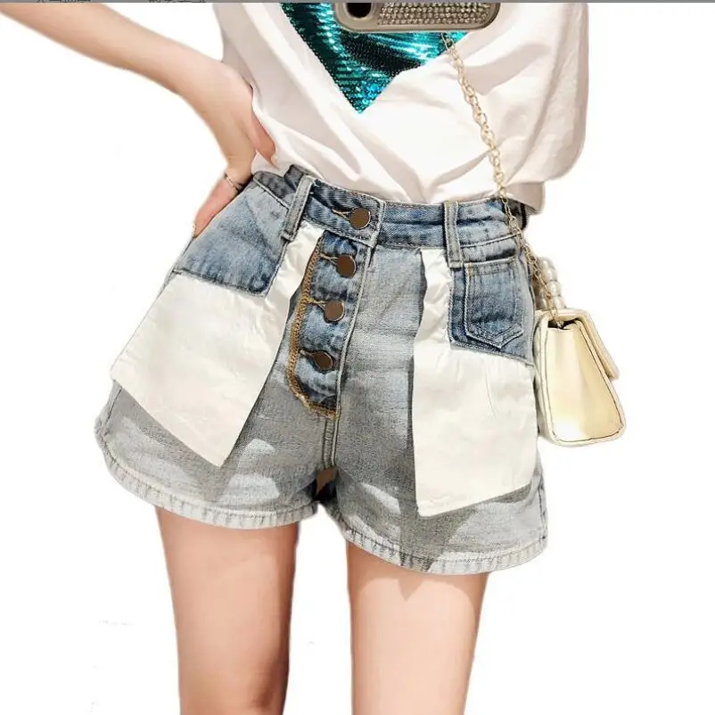 

Patchwork Contrast Color Denim Shorts Women's 2024 Summer Korean Style Reverse Outer Shorts Hot Girl High Waist Hot Pants p1313