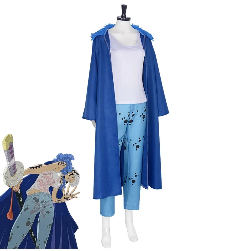 

Halloween Party Set Anime Trafalgar D. Water Law Cosplay Costume Plush Collar Coat Cloak Blue Pants Uniform Adult Man Woman