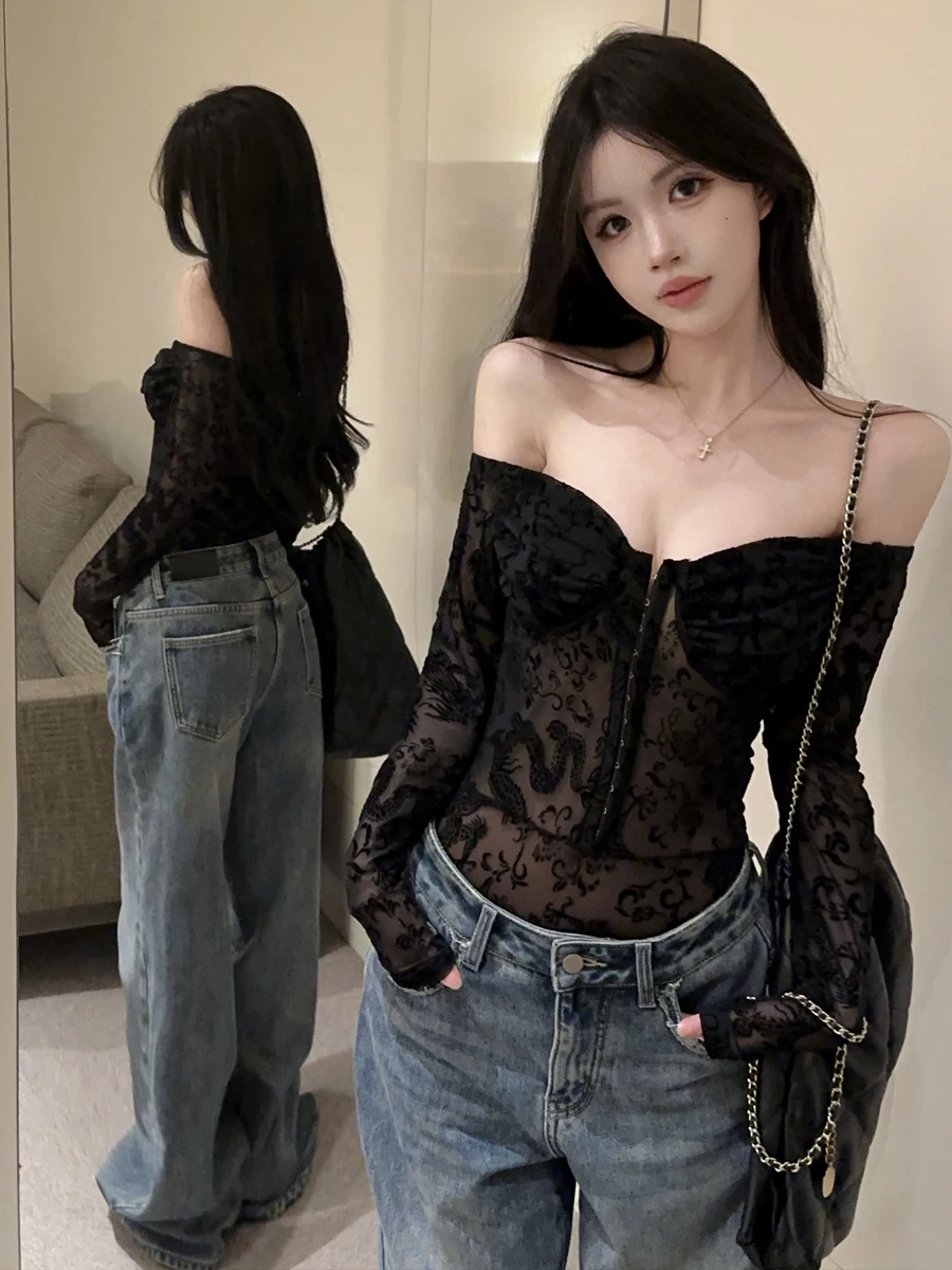 

Sexy Lace Hollow out See tough Velvet Bodysuit Pure Desirable Tight Base irt Trendy High Waist ort Pants Floral Embroidery