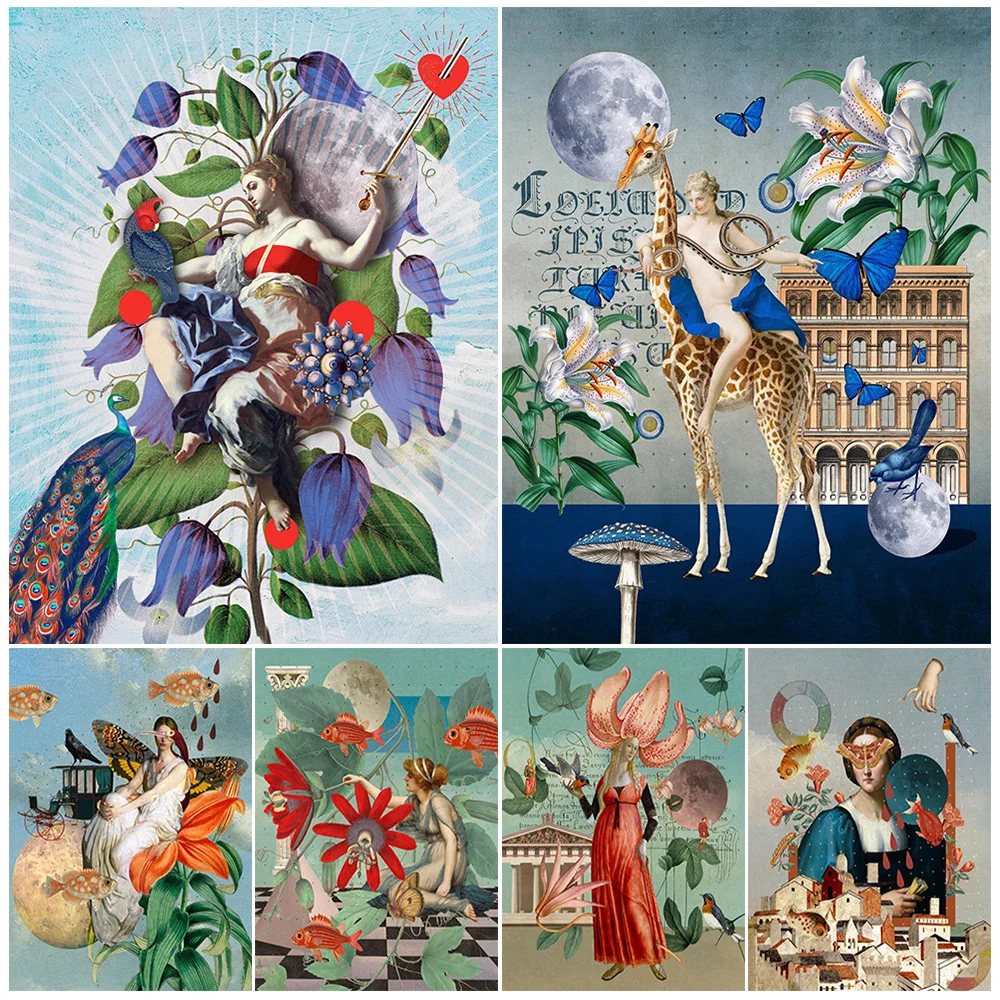 

Abstract Girl Plant Animals Bird Vintage Poster Wall Art Canvas Painting Home Decor Wall Pictures For Living Room Unframed