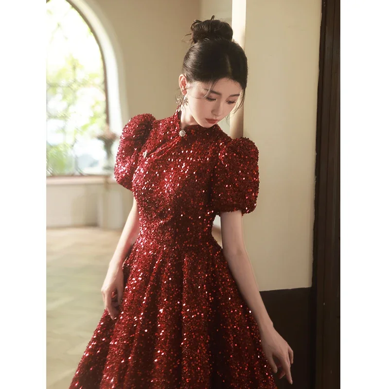 Customized  Elegant Wine Red Sequins Evening Dress for Women Stand Collar Puff Sleeve A-line Sparkling Party Formal Gown Vestido