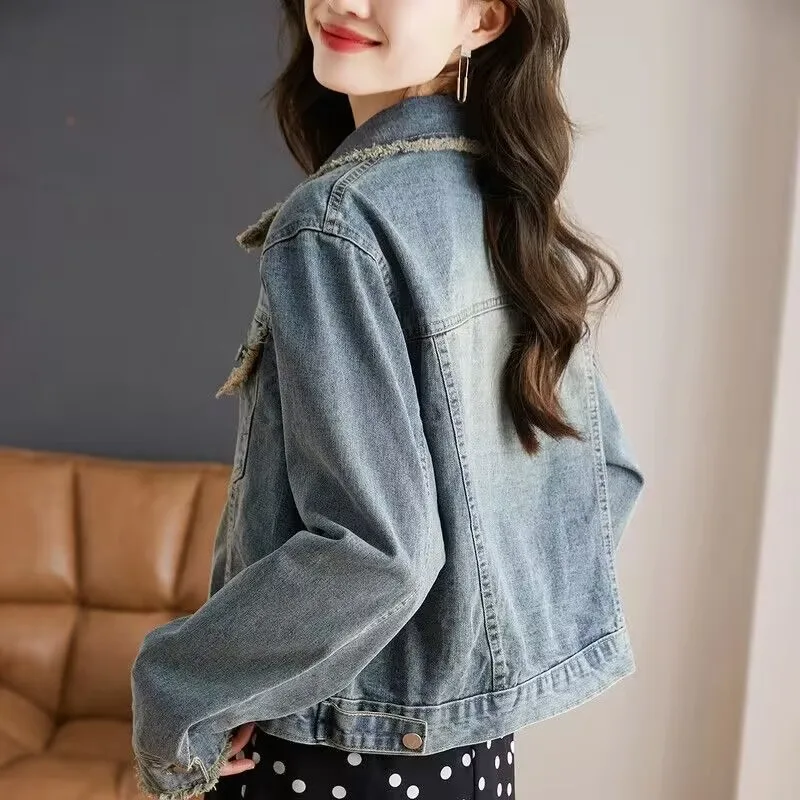 Jaket jins wanita, baju Denim lengan panjang kasual, rumbai jalanan longgar Musim Semi dan Gugur