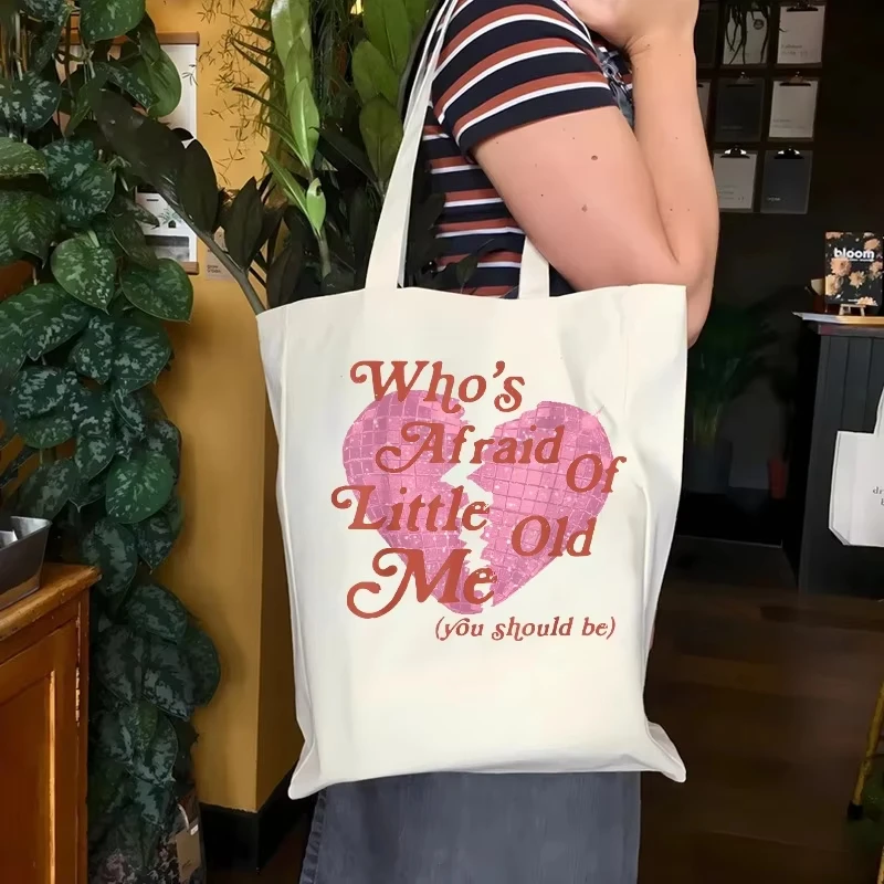 

Who Afraid of Little Old Me Heart Aesthetic Printed Canvas Tote Bag Music Lover Gift Swifties Tote Bag Tortured Poets Tote Bag