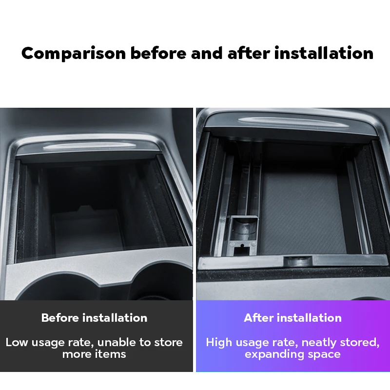 For Tesla Model Y 2024 Hidden Storage Box Car Center Console Armrest Front and Rear Flocking Layered Grid Organized Container