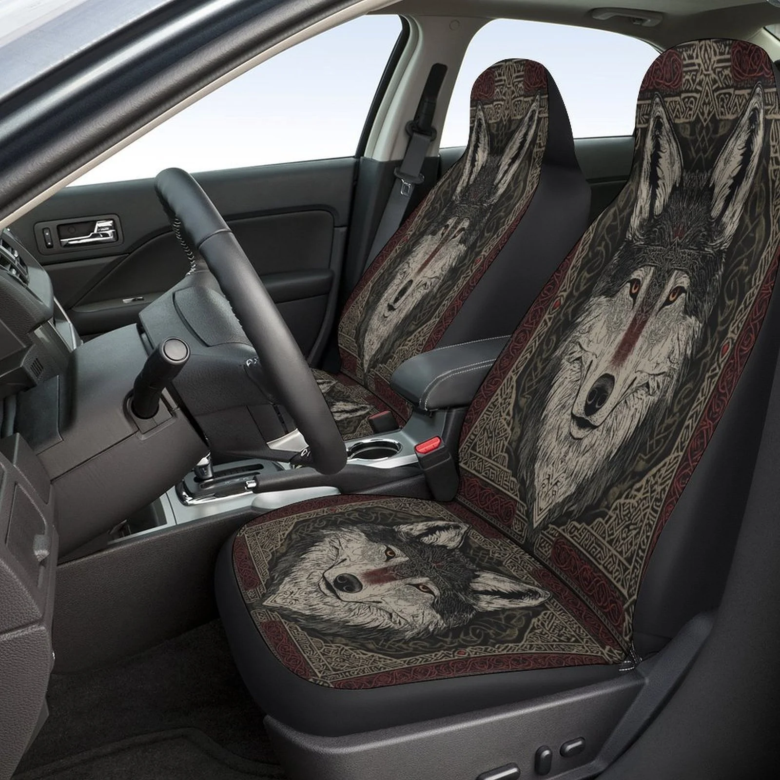 Wolf With Ornate Frame Designed Car Seat Cover Set For Most Cars, Fashion Novelty Car Seat Protector Covers Full Set, Universal