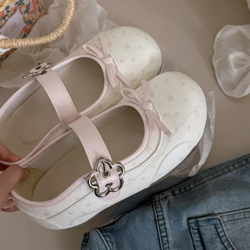 Cute Vintage Floral Print Bow Mary Jane Flats Flower Shape Buckle Strap Design Zapatos Mary Jane Planos,Sweet Girly Ladies Flats