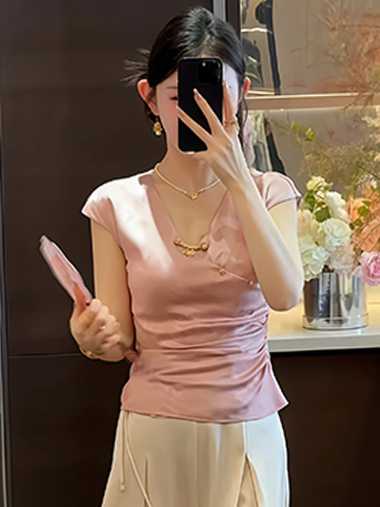 Chino Sle V-Ne irt mujer Faion adelgazante Qipao Top abotonado ort Sve transpirable cómoda versión coreana