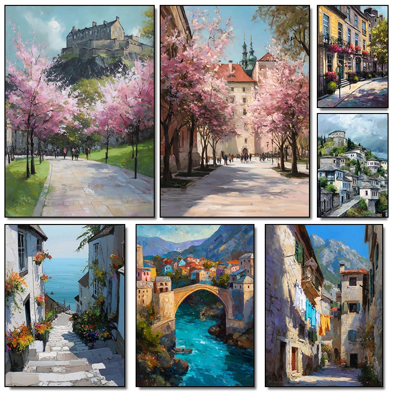 Watercolour Creative City Poster Rivers in Croatia Edinburgh Castle Winter Scenery Canvas Painting Wall Art Pictures Home Decor