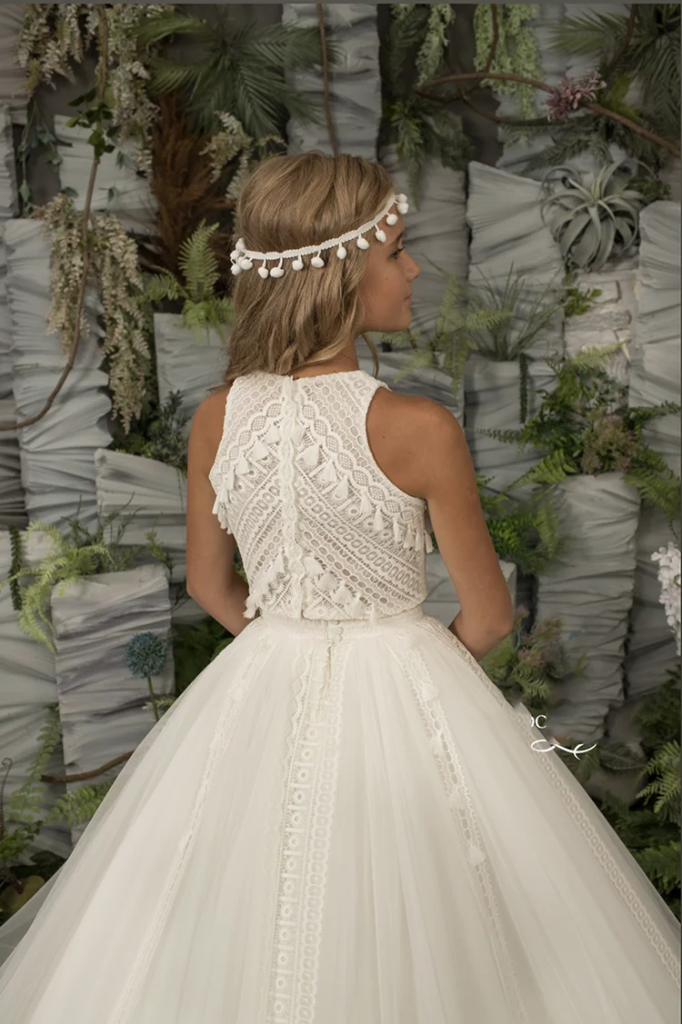 Elegante abito da ragazza di fiori per matrimonio Tulle senza maniche Appliquee pizzo 2 pezzi principessa bambino primo vestito da festa di compleanno eucaristico