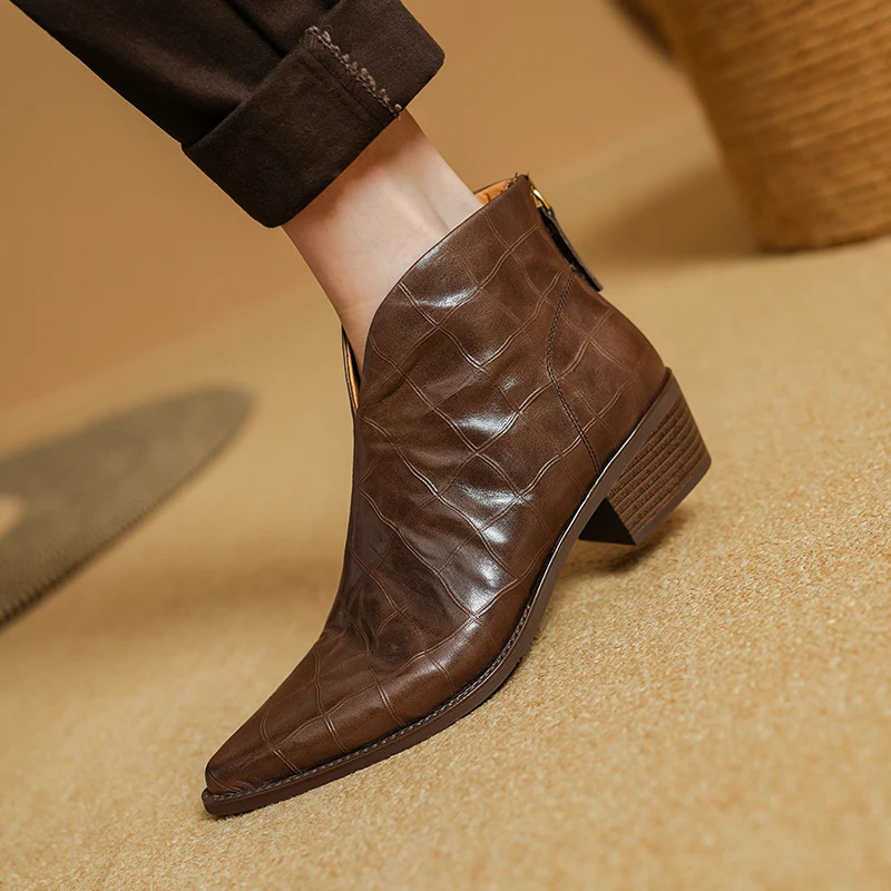 New Winter Women Boots Pointed Toe Chunky Heel Shoes Genuine Leather Shoes for Women Concise Zipper Ankle Boots Designer Boots