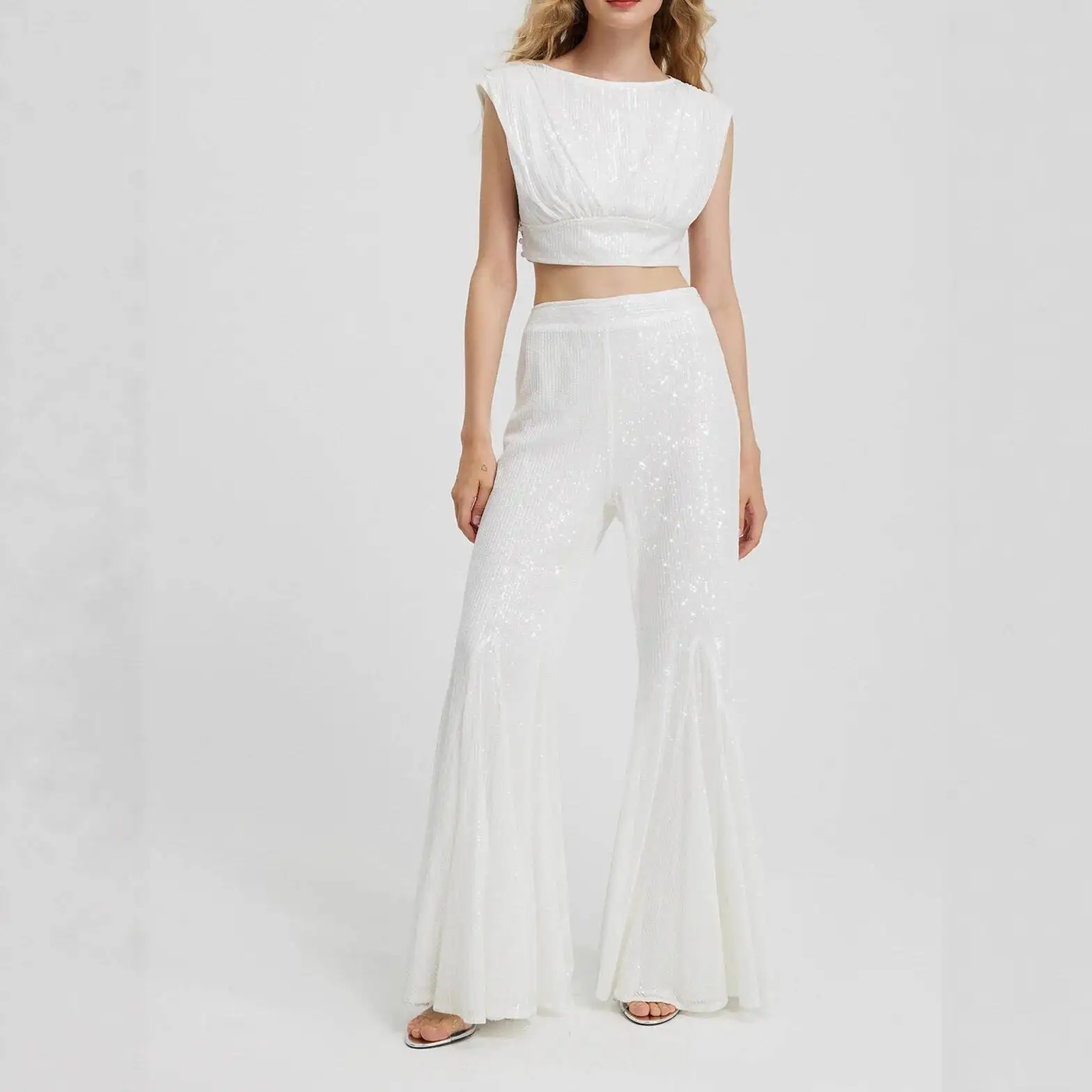

New Sequin Sleeveless Crop Top T-Shirt Slim Fit Women High Waist Flared Pants Sequin Wedding Outfit