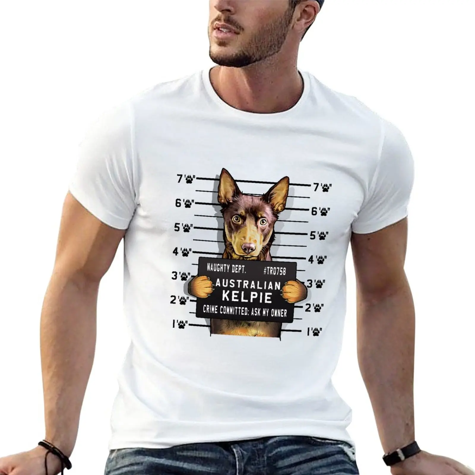 New Australian Kelpie red and tan funny dog jail mug shot T-Shirt t shirt man t shirts for men pack