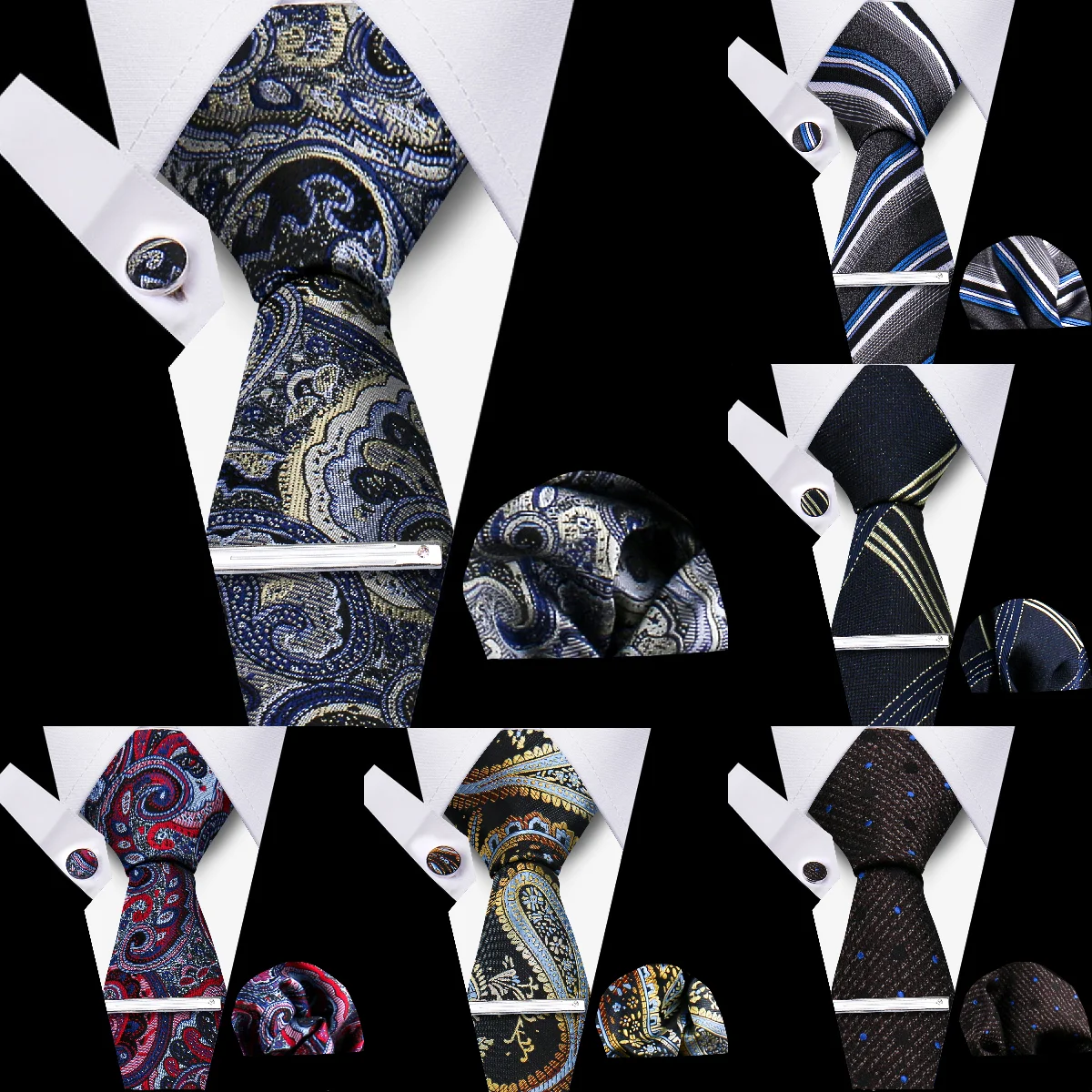 Elegant Men\'s Suit Necktie Fashion Striped Dot Paisley Tie Handchief Cufflink Tie clip 4-Piece Set Business Wedding Party Gift