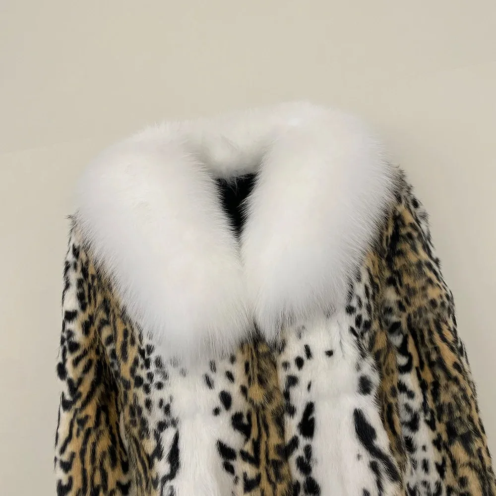 Natural Rabbit Fur Coat Leopard Print Fox Fur Collar 2024 Autumn Winter Long Fashionable Thickened Warm fur Coat One-piece Women