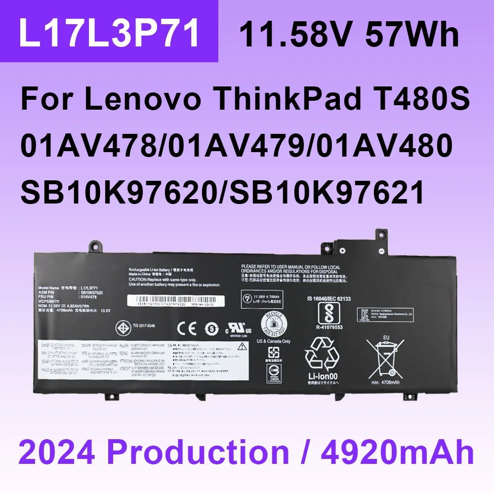 For Lenovo ThinkPad T480S Series L17L3P71 L17M3P71 01AV478 01AV479 01AV480 SB10K97620 SB10K97621 Laptop Battery 11.58V 57Wh