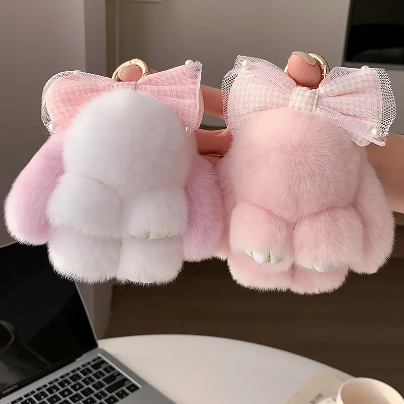 لطيف أفخم الأرنب المفاتيح مع Bowknot وهمية الأرنب الفراء مفاتيح السيارة حقيبة سحر رائعتين الأذن المرنة الأرنب قلادة للنساء