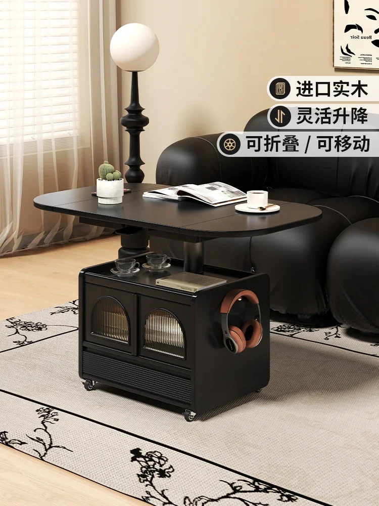 

Solid wood lifting and folding coffee table, movable Nordic black living room, small unit sofa, side table, tea table, dining