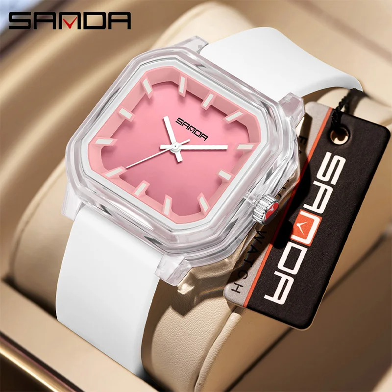 

SANDA brand 2026 new 9083 quartz watch simple transparent contrasting color versatile waterproof men's and women's square watch