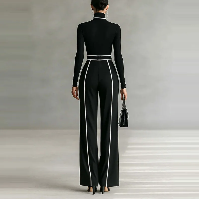 

Elegant Pocket Pants Suits Fashion High Collar Color Blocked Slim Sets Lady Simple Long Sleeve Knitted Tops&Wide Leg Pants Sets