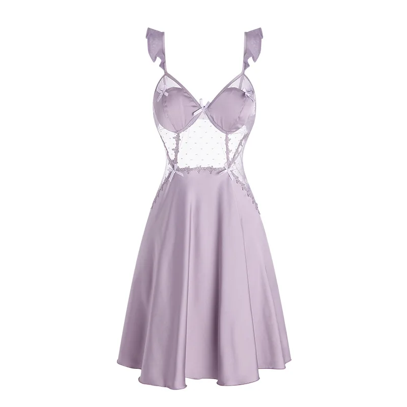 Lace Hollow Out Nightdress Sexy Women Suspender Nightgown Sleepwear Gown Summer Lady Satin Robe Dress Nightwear Loungewear