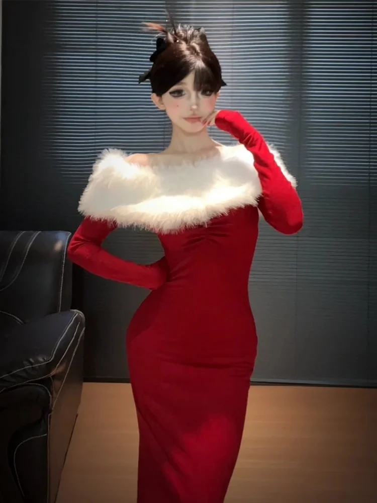 

XZY Sexy Red Battle Robe Women's plus Size Autumn Winter Slimming Fur Trimmed Wrap around Skirt Commute Style Korean Version