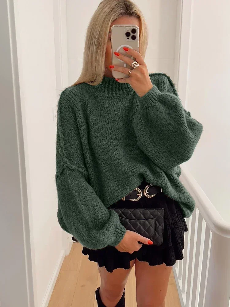 Fashion Round Neck Knitted Jumper For Women 2025 Autumn Long Lantern Sleeve Sweater Female Hight Street Warm Lady Chic Pullover