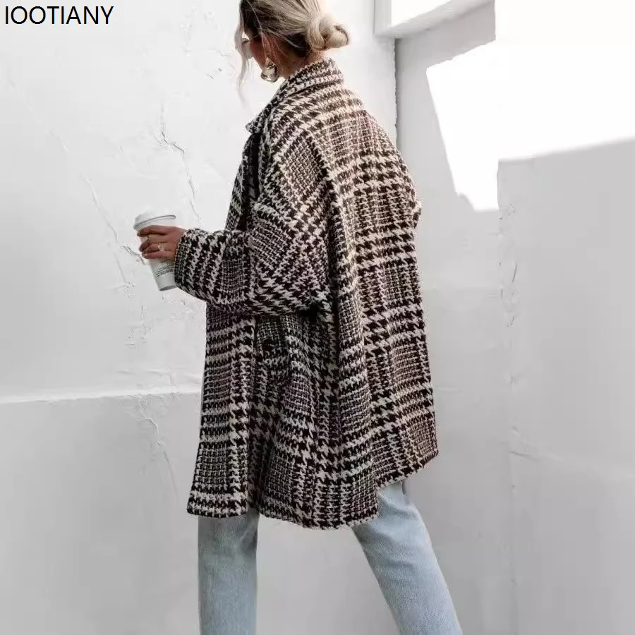 Autumn And Winter Thickened Loose Plaid Woolen Coat Women Houndstooth Pattern Overcoat Elegant Lapel Leisure Loose Jackets New