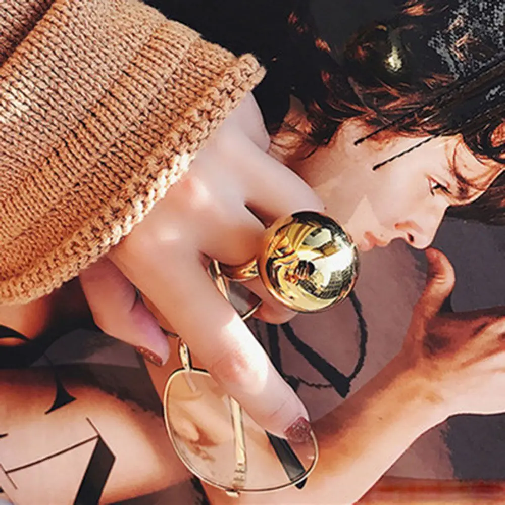 Silver Gold-สีบุคลิกภาพเปิดเครื่องประดับหญิงแหวนผู้หญิงแฟชั่นลูกโลหะขนาดใหญ่