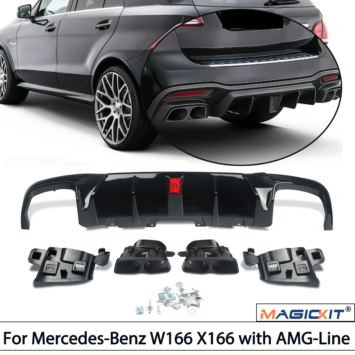 

GLOSS BLACK REAR DIFFUSER W/ TIPS BLACK For Mercedes-Benz GLE Class W166 X166 GLE400 GLE350 AMG-Line ABS CAR Accessories