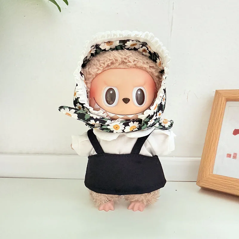 ลาบูบู 1st - 3rd Gen ชุดวินเทจลายดอกไม้ผ้าโพกศีรษะเดซี่และชุดเอี๊ยมสีดำสำหรับตุ๊กตาขนาด 15/17 ซม.