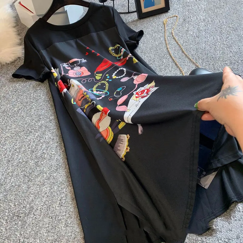 Robe t-shirt à manches courtes et col rond pour femme, vêtement surdimensionné, bureau, Patchwork, mode d'été, imprimé, ample, décontracté