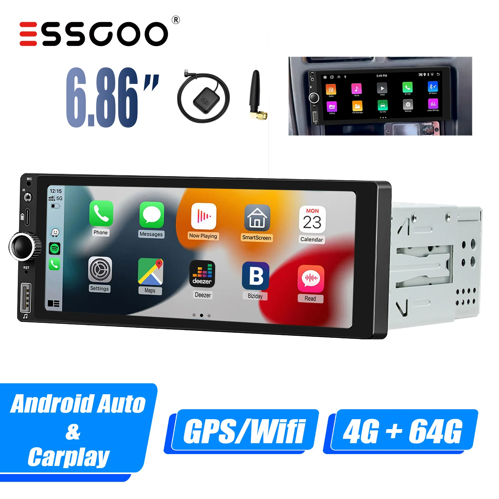 ESSGOO 1 DIN Android 14 4+64G Apple Carplay Android Auto Autoradio 6.86" IPS Scherm Bluetooth USB Type-C GPS SAT Navi RDS Wi-Fi SWC USB