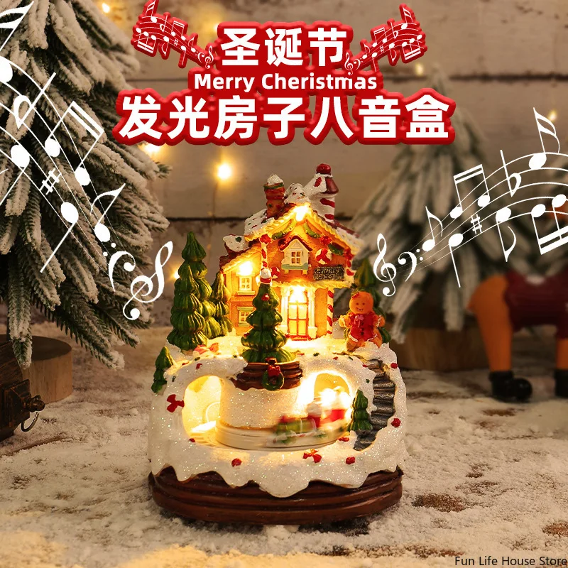 2024 New Christmas Luminous Music House Ornament Music Box Cottage Children's Christmas Gift Desktop Resin Ornament with Box